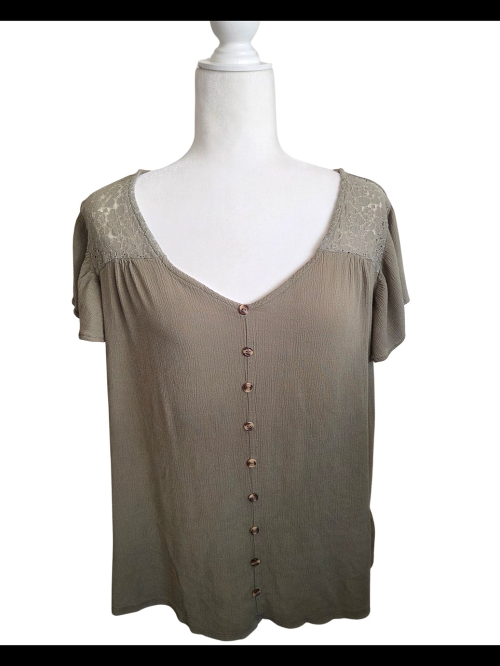 Women's Olive Button-Front Lace Yoke Top